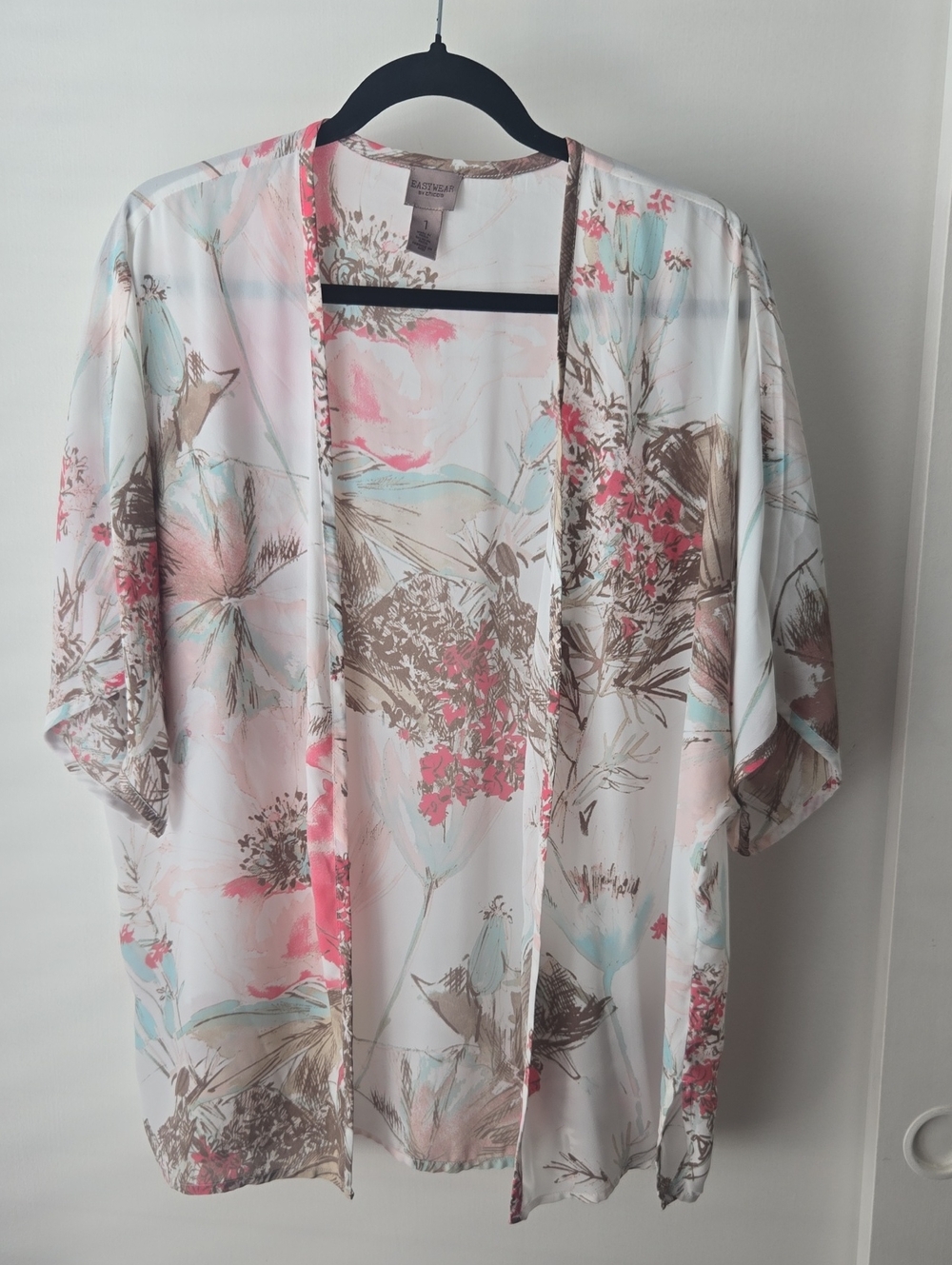 Chico's Floral Kimono Cardigan - Pink, Tan,Aqua And White-Size 1 -Medium